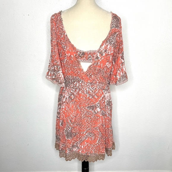 FREE PEOPLE Love Birds Mini Dress Paisley Cold Shoulder Orange Boho Size Medium - Picture 8 of 16
